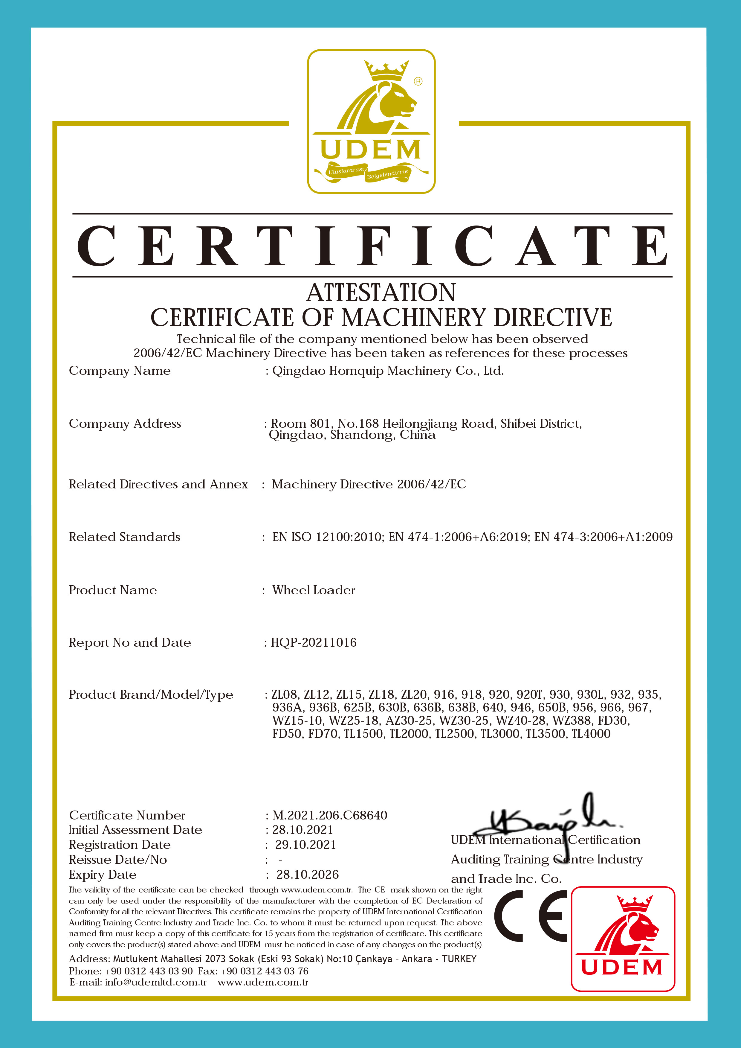 China Qingdao Hornquip Machinery Co., Ltd Certificaciones